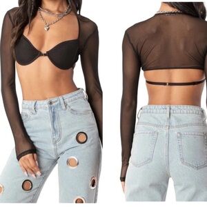 Edikted Black Sheer Long Sleeve Crop Top Size S